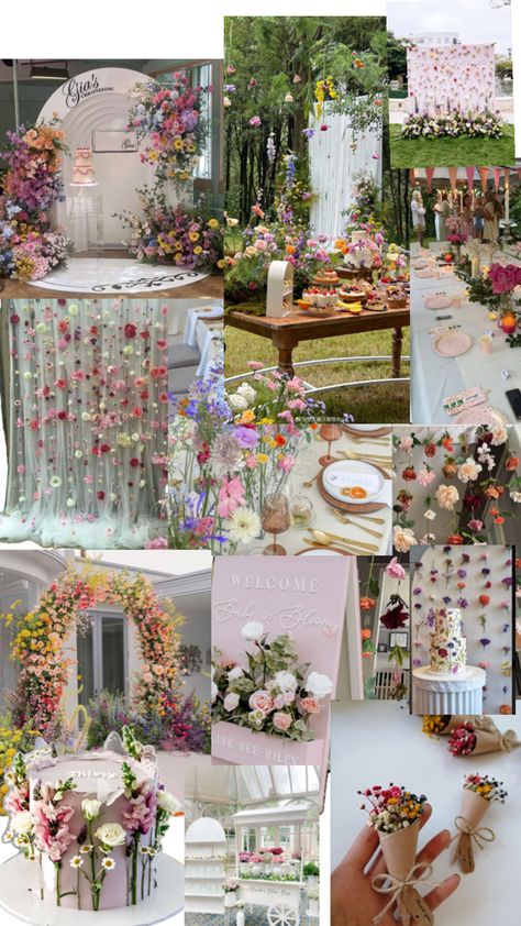 Sweet 16 Flower Decorations, Garden Party Picture Backdrop, Birthday Party Flowers Theme, 16 House Party Ideas, Wildflower Event Decor, Floral Dessert Table Ideas, Floral Bday Party Decor, Flower Garden Bridal Shower Ideas, Secret Garden Decorations Party