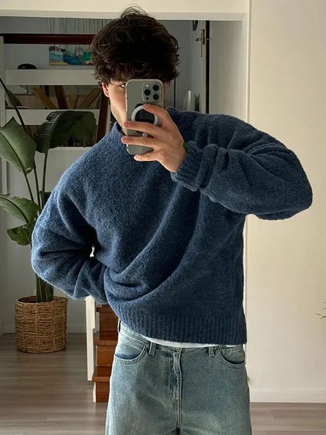 Fashion Solid Fleece Turtleneck Sweater For Male Casual Loose Long Sleeve Knitted Pullover 2024 Men’s Sweater Aesthetic, Man In Sweater Aesthetic, Men’s Outfit Inspo Winter, Men’s Sweater Fashion, Mens Fashion Autumn 2024, Men’s Jumpers, Men Jumper Outfit, Men’s Fall Sweaters, Mens Fit Ideas