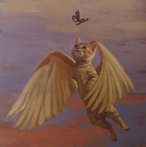 Gato Angel, Flying Cat, Arte Peculiar, Angel Cat, Curious Cat, Cat Artwork, Arte Inspo, Cat Painting, I'm Sorry