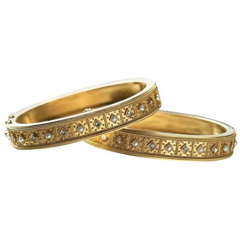 Victorian Matched Set of Pearl Diamond Gold Bangle Bracelets | From a unique collection of vintage bangles at https://www.1stdibs.com/jewelry/bracelets/bangles/ Pearl Bangles Gold, Gold Bangle Bracelets, Pearl Bangles, Jewellery Board, Bangles Gold, Pearl Jewels, Antique Bracelets, Pearl Bangle, Vintage Bangles