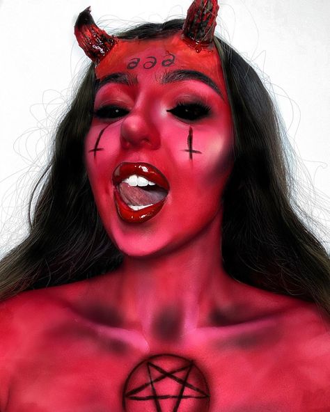 Demon Make Up Halloween, Demonic Makeup Female, Devil Inspired Makeup, Devil Girl Makeup, Devil Cute Makeup, Girl Devil Makeup Halloween, Demon Makeup Female, Female Devil, Spooky Shoot