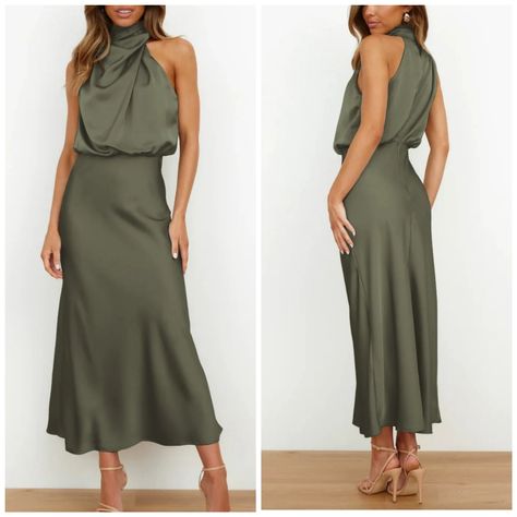 New Chic Draped Halter Satin Midi Dress * Sleeveless * Draped Halter High Neck * Slight Blouson Style Top * High Waist * Slight Flare Bottom Midi Skirt *Approximate Unstretched Measurements* Small (4) * Bust 35.75" * Waist 24"(Up To 27.5") * Hip 38.5" * Length 48" Medium (6) * Bust 37.25" * Waist 25.5"(Up To 29") * Hip 40.25" * Length 48.75" Large (8/10) * Bust 39.75" * Waist 28"(Up To 31.5") * Hip 42.5" * Length 49.5" Xl (12) * Bust 42" * Waist 30.25"(Up To 34") * Hip 45.5" * Length 50.5" ** In Transit ** Will Ship In Approx. 7- 14 Days * Color : Olive Army Muted Green Fabric : Soft Poly & Elastane #Spring Fall Winter Casual Dress Western Southwestern Boho Boh Long Olive Dress, Sage Wedding Guest Dress, Winter Casual Dress, Green Dress Outfit, Dress Western, Dress Olive Green, Preppy Spring, Southwestern Boho, Olive Dress