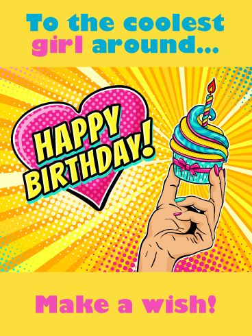 Say it comic book style with this super awesome, pop-art style birthday card! Send the Make a Wish Comic Cupcake Happy Birthday Card to wish all the best to the coolest girl around. The colors are so bright they’re almost neon on this extra loud birthday card for girls. With fun details like a pink heart, the blue and yellow swirls of cupcake frosting, and the different colored fingernail polish on the hand– this card is charming as all get-out! Husband Birthday Quotes, Invitation Poster, Pop Art Background, Hug Gifts, Birthday Background Images, Happy Birthday Text, Candle Burning, Birthday Reminder, Birthday Text