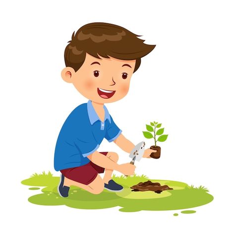 Cute boy happy planting tree | Premium Vector #Freepik #vector #kids-gardening #kids-planting #kids-water #people-kids Planting Trees Drawing, Tree Drawing For Kids, Watering Trees, Kids Gardening, Plant Cartoon, Water People, Children Sketch, Tree Sketches, Tree Clipart