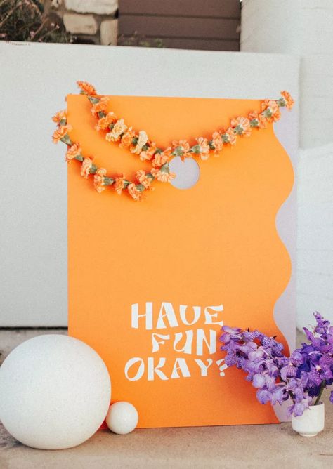 Funky Wedding Welcome Sign, Orange Wedding Signage, Bright Wedding Signage, Fun Welcome Signs, Bold Colorful Wedding, Bright Wedding Welcome Sign, Wavy Signage, Colorful Wedding Details, Wavy Wedding Sign