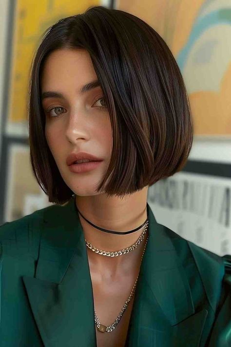 Dark brown sleek box bob hairstyle Slicked Bob Short Hair, Bob Haircut From The Back, French Bob Haircut No Bangs, Box Bob 2024, Bob 2024 Hair, Short One Length Hair, Short Haircuts For Women 2024, Short Haircut 2024, Short Hairstyle Women Pixie