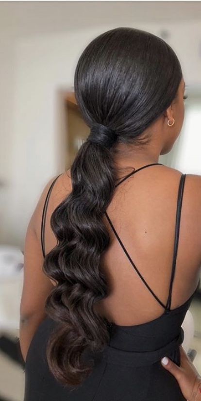 Slick Back Ponytail Wedding Guest, Slick Back Low Ponytail Prom, Sleek Bridesmaid Ponytail, Low Slicked Ponytail, Black Bride Ponytail Hairstyles, Slick Back Prom Hair Sleek Ponytail, Slick Ponytail Prom, Low Ponytail Hairstyles For Black Women Natural Hair, Prom Hairstyles Low Ponytail