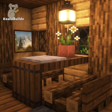 Tap for full tutorial Minecraft Small Cafe Ideas, Minecraft Crafting Station Ideas, Minecraft Outside Table, Loft Minecraft Ideas, Mincraft Idea Cafe, Minecraft Home Interior Kitchen, Spruce Bedroom Minecraft, Minecraft Sitting Room Ideas, Minecraft Space Fillers Interior