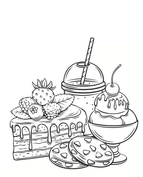 Free Print-at-Home Coloring Pages | Printable Coloring Pages | Vibrant Studio Art Coloring Pages Food, Free Kids Coloring Pages, Adult Coloring Books Printables, Food Coloring Pages, Fruit Coloring Pages, Food Illustration Art, Easy Coloring Pages, Printable Coloring Book, Cartoon Coloring Pages