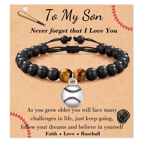 PRICES MAY VARY. Baseball Bracelet - Classic bracelet with a cute baseball charm design, that reminds your son to keep going, follow his dreams, believe in himself, and always remember to be awesome. It's a big surprise for son Baseball Gifts for Son - Our baseball bracelet is stylish and special, packaged in a soft velvet bag that makes it a wonderful gift for son on Graduation Back-to-School Birthday Christmas Anniversary Valentines... Material - Made of 8mm natural stone, it's cool feeling on Boys Gift Ideas, Boy Bracelet, Girls Gift Ideas, Baseball Bracelet, Basketball Stuff, Basketball Accessories, Boys Bracelets, Gift Ideas For Christmas, Personality Gifts