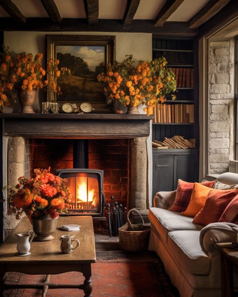 A Rustic Living room with Wood Burner English Farmhouse Fireplace, Cosy English Cottage Interior, British Snug Room, Autumn Inspired Home Decor, Living Room Hearth, English Cottage Mantle, Living Room Cosy Decor, Interior English Cottage, Cozy Old Fashioned Living Room