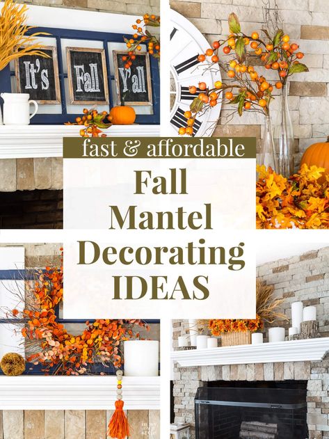 Looking for fall decorating inspiration for your fireplace mantel that is fast and affordable. Here are 4 ideas as well as a fe more autumn decorating ideas that you can do. Fall Fireplace Decor Mantles, Fall Decorating Inspiration, Autumn Decorating Ideas, Fall Mantel Decorating Ideas, Fall Fireplace Mantel, Xmas Fireplace, Christmas Fireplace Mantels, Mantel Decorating Ideas, Fall Mantle Decor