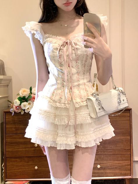 Kawaii Fitted Mini Skirt For Summer, Kawaii Summer Sets, Fitted Ruffle Mini Dress Kawaii Style, Kawaii Summer Dress With Lace Trim, Spring Kawaii Dress With Ruffles, Strappy Top, Lace Print, Girly Outfits, Outfits Aesthetic