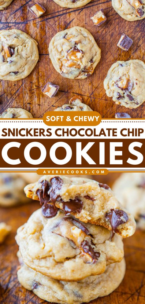 Soft and Chewy Snickers Cookies — Soft, moist, and tender in the interior with perfectly chewy edges! Calling all Snickers candy bar fans, these are for you! Save this recipe when you have extra candy on hand from Halloween or the holidays! Snickers Recipes Desserts, Snickers Recipes, Snicker Cookies, Snickers Cookies Recipes, Cookie Variations, Snickers Dessert, Snickers Recipe, Snickers Cookies, Snickers Chocolate