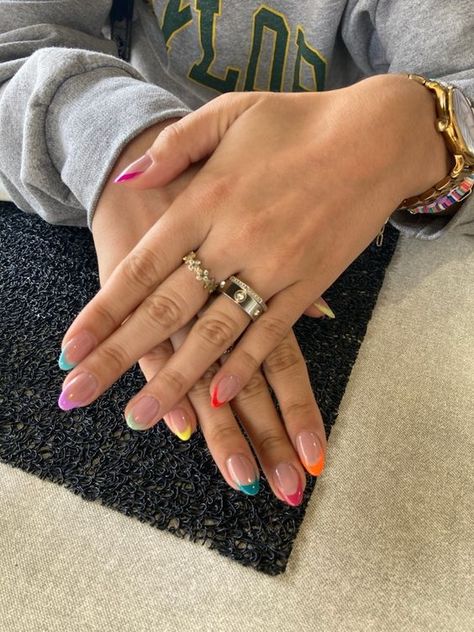 French Tip Acrylic Nails Summer Colors, Colourful Tips Acrylic Nails, French Tips Acrylic Colorful, Different Coloured French Tips, Summer Colourful Nails, Multicolour French Tips, Colorful French Tips Nails, Multi Colored French Tips, Multicolour French Tip Nails