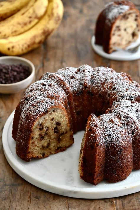 Banana Chocolate Chip Bundt Cake - Just a Taste Chocolate Chip Bundt Cake Recipe, Banana Nut Pancakes, Cake With Chocolate Chips, Banana Chocolate Chip Cake, Chocolate Chip Bundt, Chocolate Chip Bundt Cake, Banana Bundt Cake, Banana Bundt, 4 Bananas