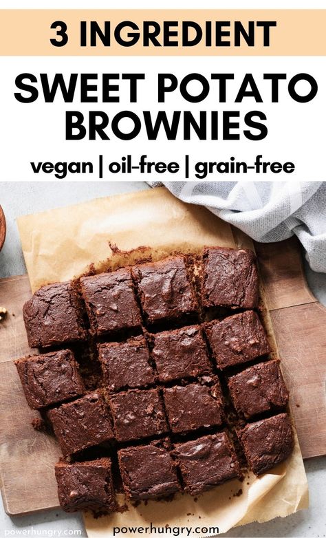 Vegan 3 ingredient sweet potato brownies that are equal parts decadent & healthy! They are oil-free, grain-free, gluten-free & Paleo. #veganbrownies #wfpb #wfpbno #brownies #3ingredients #3ingredientrecipe #3ingredientbrownies #oilfreebrownies #oilfree #grainfree #glutenfree #paleovegan #palebrownies Sweet Potato Brownies Healthy, 3 Ingredient Brownies, Sweet Potato Dessert, Potato Brownies, Healthy Sweet Potato, Gluten Free Sweet Potato, Sweet Potato Brownies, Healthy Brownies, Weaning Recipes