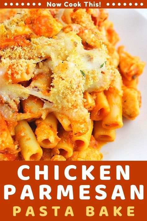 This Chicken Parmesan Pasta Bake recipe turns the classic Italian-American dinner into an easy and delicious casserole that the whole family will love. It's got pasta, chicken, sauce, cheese, and even some bread crumbs. Think chicken parm meets baked ziti. A must-try! #chickenparmpasta #pastabake #casserole #easydinner Chicken Parm Pasta, Chicken Parmesan Pasta Recipe, Parm Pasta, Chicken Breast Pasta, Baked Chicken Parm, Pasta Bake Easy, Pasta Bake Recipe, American Dinner, Baked Penne