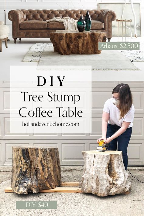 DIY Tree Stump Coffee Tables: One Room Challenge Week 2 | Holland Avenue Home Tree Stump Coffee Table, Stump Coffee Table, Tree Stump Table, Stump Table, Wood Stumps, Tree Stumps, Coffee Table Size, Diy Tree, House Decor Rustic