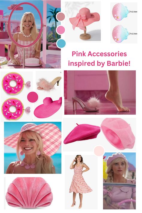 Pink accessories inspired by Margot Robbie 2023 Barbie Movie outfits Barbie Movie Accessories, Barbie Movie 2023 Outfits, Barbie Movie 2023 Aesthetic, Barbie Accessories For Women, Pink Barbie Outfits Aesthetic, Diy Barbie Outfit, Barbie Fancy Dress, Barbie Movie Outfits Ideas, Barbie Outfit Ideas For Women