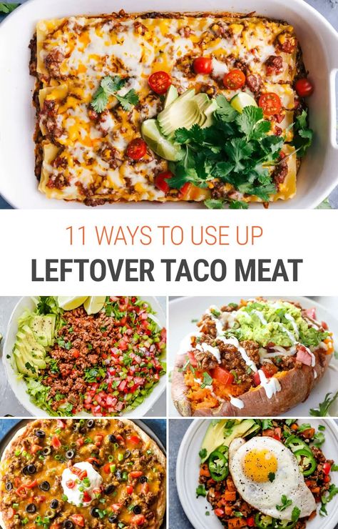 What to do with leftover taco meat? We show you 11 delicious ideas for using up ground beef, chicken or turkey in dishes like taco enchiladas, nachos, taco salads, casseroles, taco pizza and more. #tacomeat #taco #groundbeef #meatsauce #groundmeat #texmex #enchiladas #nachos #tacopizza #taco #instantpot What To Do With Left Over Cooked Ground Beef, Taco Meat Dishes, Meals Using Taco Meat, What To Do With Left Over Taco Meat Beef, Chicken Taco Meat Leftovers, Taco Leftovers Ideas, Leftover Chicken Taco Meat Recipes, Ground Taco Meat Recipes, Ground Beef Leftover Recipes