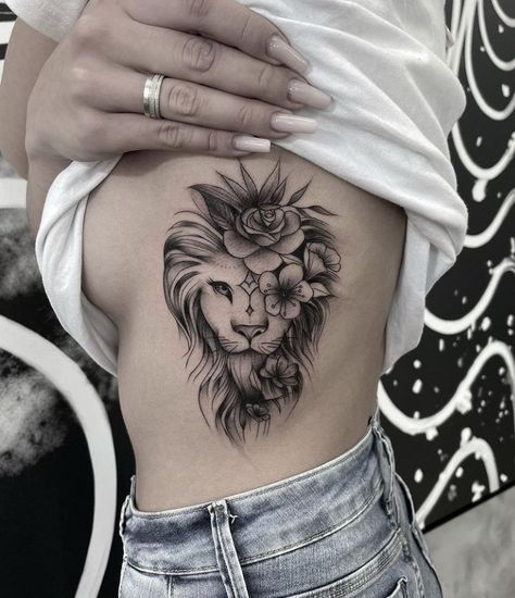 Female Ribs Tattoo Ideas, Lion Tattoo For Women Chest, Side Rib Tattoo Cover Up, Lion Tattoo For Women Ribs, Lion Side Tattoo Women, Female Lion Tattoo With Crown, Feminine Beauty Tattoo, Women Rib Tattoo Side Tat Cover Up, Leo Rib Tattoo