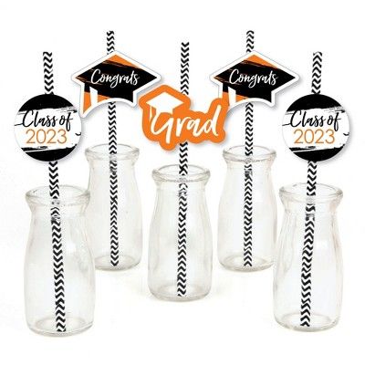 Orange Grad - Best is Yet to Come Straw Decor INCLUDES 24 graduation paper cut outs, 24 coordinating paper straws & clear stickers for easy assembly. Orange Grad - Best is Yet to Come DIY party supplies are perfect for a graduation party. Orange Graduation Party Straw Decor party kit SIZE 8 grad cap words 3" wide x 2.25" tall; 8 grad word 3" wide x 2.25" tall; 8 circles 2.25" wide x 2.25" tall; and 24 chevron striped paper straws 7.75" tall. EASY PARTY DECORATIONS: Orange Grad - Best is Yet to C Milk Jars, Diy Graduation Decorations Party, Straw Decor, Straw Tags, Graduation Paper, Graduation Party Table, Paper Cut Outs, College Paper, Straw Decorations