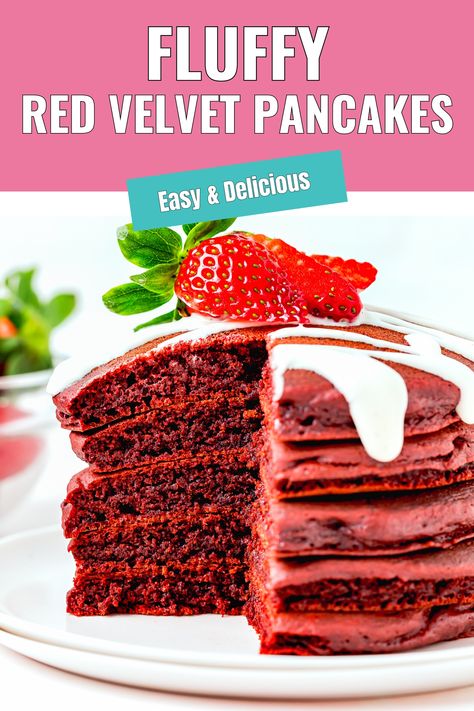 Fluffy Red Velvet Pancakes stack on a plate. Pancakes No Eggs, Red Velvet Pancake, Eggless Breakfast, Egg Free Breakfast, Red Velvet Pancakes, Flavored Pancakes, Eggless Recipes, Pancakes Easy, Mini Cheesecakes