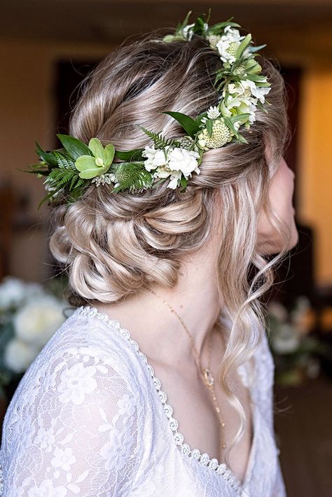 updo — Blog — BeautyAffair Flower Crown Updo, Flower Updo, Bridal Chignon, Wedding Hair Flower Crown, Crown Updo, Wedding Hairstyles With Crown, Updo Bridal, Half Flower, Chignon Wedding