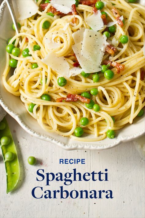 Salty, smoky bacon balances the sweet burst of peas in this Spaghetti Carbonara recipe. Twirl up the lusciously creamy sauce for a decadent bite.​ Spaghetti Carbonara With Peas, Carbonara With Peas, Cheap Easy Healthy Meals, Boursin Recipes, Creamy Carbonara, Italy Recipes, Pasta Casseroles, Bacon Carbonara, Spaghetti Carbonara Recipe