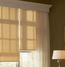 Blinds.com Roller Shades provide another layer of light control when hung behind draperies. Bathroom Window Treatments, Modern Window Treatments, Living Room Blinds, Unique Curtains, Green Interior Design, Window Treatments Bedroom, Flooring Store, Window Styles, Roller Shades