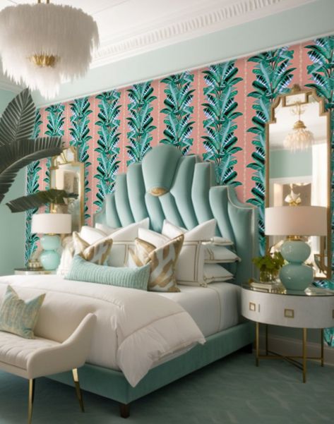 Miami Style Decor, Interior Design Maximalist, Miami Beach House, Miami Wallpaper, Bold Interior, Bold Interior Design, Maximalist Wallpaper, Art Deco Hotel, Statement Wallpaper