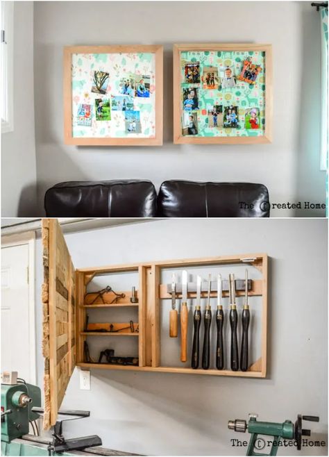 Diy Hidden Wall Storage, Invisible Storage Ideas, Hidden Storage Behind Artwork, Clever Hidden Storage Ideas, Hidden Storage Small Spaces, Cupboard Storage Ideas Bedroom Diy, Space Saving Wall Storage, Discreet Storage Ideas, Secret Storage Diy