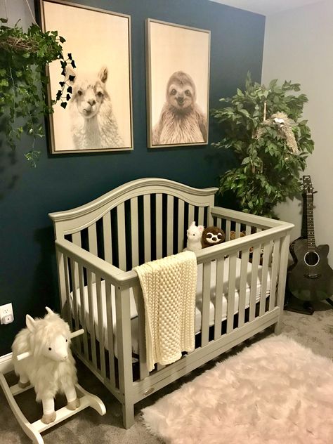 Llama Room Decor, Green Nursery Grey Crib, Dusty Blue And Sage Nursery, Grey Crib Nursery Ideas, Sloth Nursery Ideas, Grey Crib Nursery Boy, Boy Nursery Grey Crib, Gray Crib Nursery Color Schemes, Gray Crib Nursery Boy