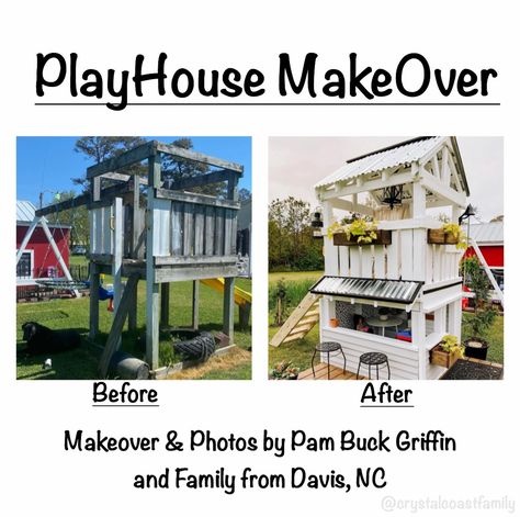 Farmhouse playhouse remodel, swing set Diy Swingset Upgrade, Wooden Swingset Remodel, Playhouse Under Swingset, Play Set Makeover Wood, Swingset Remodel, Playset Remodel, Playground Remodel, Playhouse Swingset, Swing Set Makeover