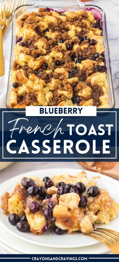 Blueberry French toast casserole is an easy breakfast made with blueberries, french bread, brown sugar, cinnamon, and a rich egg custard. #breakfastcasserole #frenchtoast #blueberryrecipes Easy Blueberry Breakfast Casserole, Breakfast Casserole French Bread, Make A Head French Toast Casserole, Baked Blueberry French Toast Casserole, Blueberry Egg Bake, Brunch Casserole Recipes Make Ahead French Toast Bake, French Toast Casserole With Blueberries, Vegan Blueberry French Toast Casserole, Overnight Blueberry Breakfast Casserole