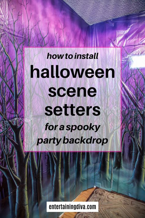 How To Install Halloween Scene Setters For A Spooky Party Backdrop | DIY Halloween Decor Dracula Halloween Decorations, Haunted Forest Decorations Diy, Halloween Backdrop Ideas, Halloween Scene Setters, Halloween Forest, Halloween Party Backdrop, Halloween Table Settings, Spooky Forest, Halloween Haunted House Decorations