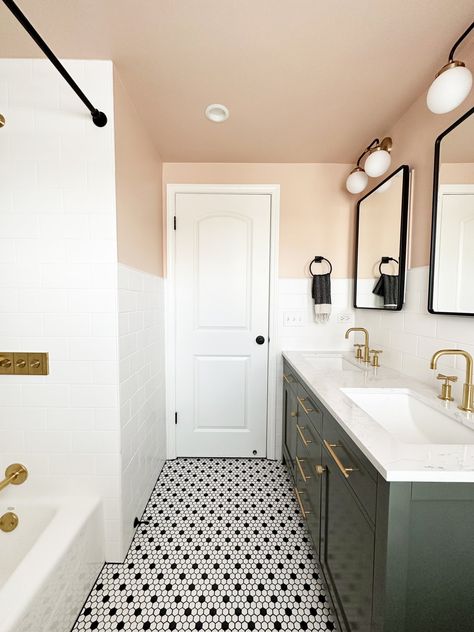 Our Newly Renovated Bathroom — Nicole Cicak | Chicago Freelance Illustrator Peach Paint Colors, Ceiling Bathroom, Peach Paint, Green Vanity, Painted Bathroom, Bathroom Ceiling, Bathroom Color, Brass Fixtures, Upstairs Bathrooms