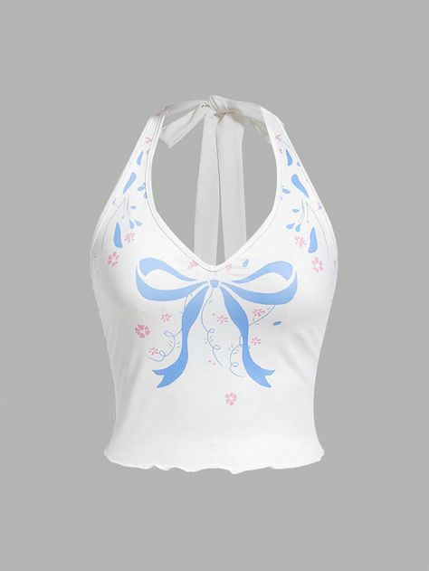 White Casual Collar  Knitted Fabric Cartoon,Geometric,Graphic,Butterfly Halter Embellished High Stretch Summer Women Clothing Shein Order, Graphic Butterfly, Killstar Clothing, Bow Print, Y2k Clothes, Geometric Graphic, Women Tank Tops, Fancy Outfits, Tank Top Cami