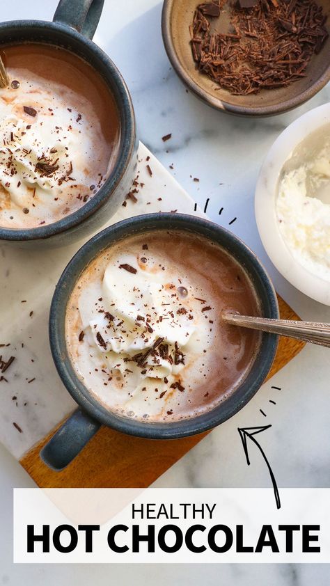 Nourishing Hot Chocolate, Carob Hot Chocolate Recipe, Homemade Hot Chocolate Healthy, Clean Hot Chocolate Recipe, Healthy Cocoa Drink, Light Hot Chocolate Recipe, Date Hot Chocolate, Health Hot Chocolate, Healthier Hot Chocolate