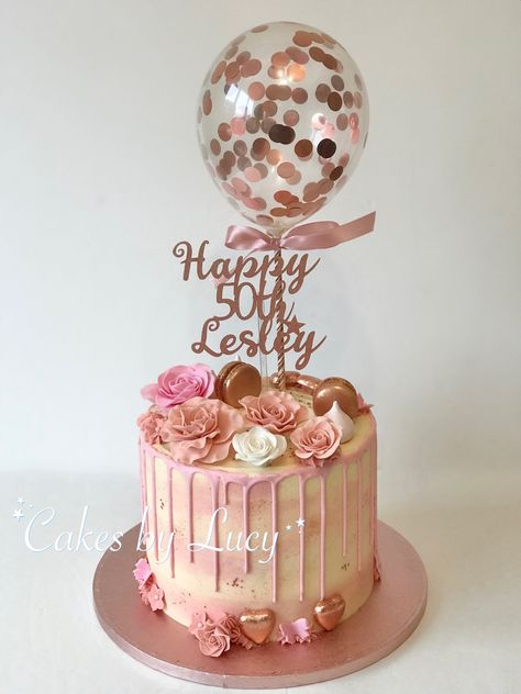 Happy 50th Birthday Cake, Cake 50th Birthday, Pink Drip Cake, Pink Gold Cake, Birthday Cake Pink, Birthday Cake Roses, Mothers Day Cupcakes, Holiday Cake, 50th Birthday Cake