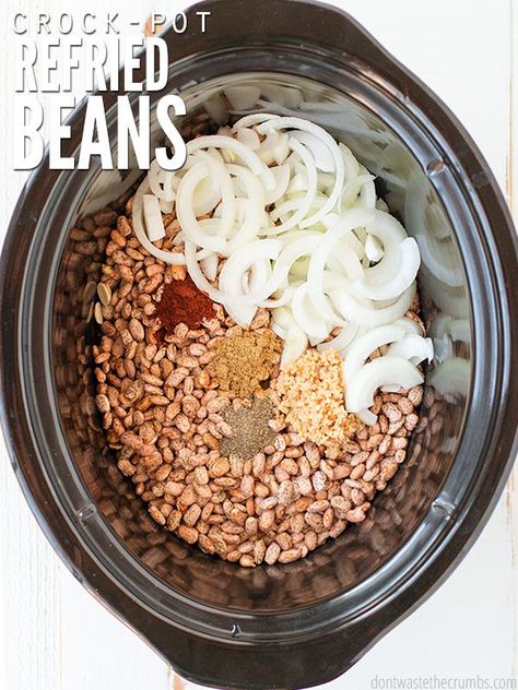 A collection of real food recipes, created on a budget. Slow Cooker Refried Beans Recipe, Refried Beans From Dry Beans, Pinto Beans In The Crock Pot Mexican, Beans In Crock Pot, Crock Pot Refried Beans, Refried Beans From Scratch, Beans Crockpot, Beans From Scratch, Make Refried Beans