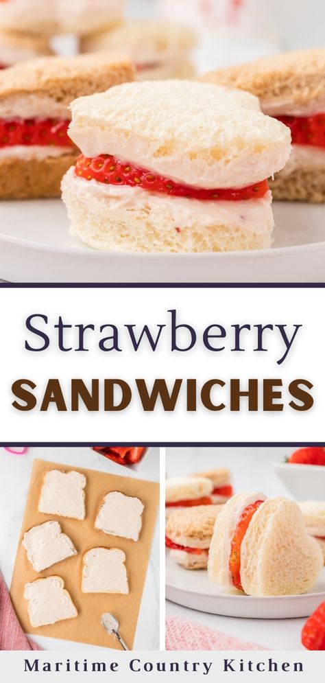 If you're looking for a way to use fresh, seasonal strawberries, try this easy recipe for mini (or full sized) strawberry sandwiches! Featuring cream cheese, fresh sliced strawberries, and fluffy bread, this easy recipe is perfect for afternoon tea, brunch, baby showers, wedding showers, and more. For an extra fun touch, use a heart-shaped cookie cutter for a special Valentine's Day treat. Strawberry Sandwiches, Brunch Baby Showers, Cream Cheese Sandwiches, Tea Sandwich, Fluffy Bread, Fruit Sandwich, Pop Up Cafe, Sliced Strawberries, Strawberry Tea