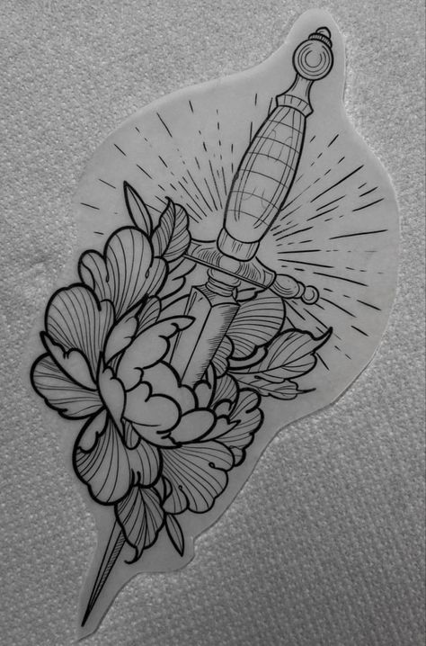 Vintage Ink Illustrations Tattoo Ideas, Flash Tattoo Designs Neo Traditional, Cool Calf Tattoos, American Traditional Drawing, Neo Traditional Tattoo Design Sketches, Small Neotraditional Tattoo, Neo Traditional Knife, Tato Star, Neo Traditional Flash