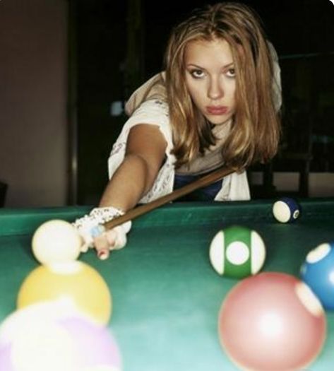 Scarlett Johansson  ❤️ Billiard Photography, Pool Table Photoshoot, Billiards Aesthetic, Billiards Bar, I D Magazine, Pool Halls, Photo Class, Pool Ball, Play Pool