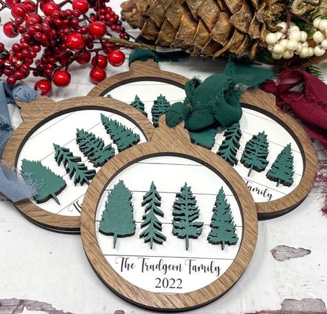 Family Christmas Ornaments Personalized, Wood Engraved Ornaments, Laser Wood Ornaments, Christmas Ornament Laser Cut, Laser Cut Christmas Gifts, Wooden Laser Cut Gift Ideas, Christmas Wood Gifts, Laser Engraved Ornaments, Laser Christmas Ideas