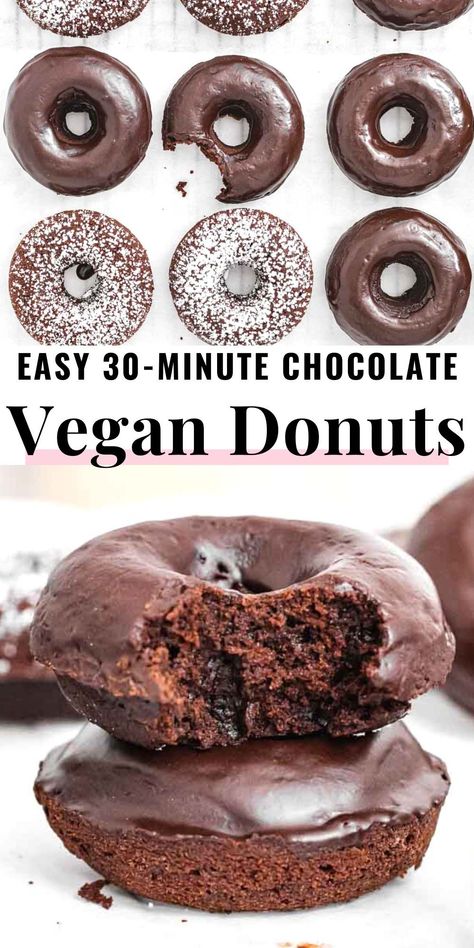 Our chocolate-glazed donuts are so easy, fun, adorable, and delicious that you'll want to make them every day!This is an oven-baked, no-yeast cake donut recipe, one you can make with little effort, simple ingredients, and less than 30 minutes. Easy Vegan Donuts Baked, Vegan Chocolate Donuts Baked, Vegan Chocolate Donut Recipe, Paleo Donut Recipe Baked, Vegan Cake Donuts Baked, Vegan Baked Goods Easy, Easy Vegan Donut Recipe, Yeast Free Donut Recipe, Vegan Old Fashioned Donut Recipe