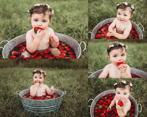 Strawberry Milk Bath Photoshoot, Fruit Milk Bath Photography, Strawberry Bath Photoshoot Baby, Strawberry Milk Bath Baby, Strawberry Baby Photo Shoot, Strawberry Photoshoot, Summer Baby Photos, Baby Milk Bath, 6 Month Baby Picture Ideas