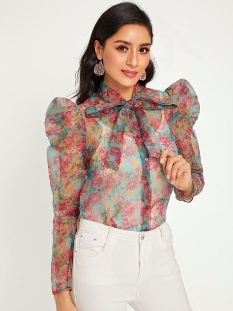 Tie Neck Puff Sleeve Floral Print Organza Blouse | SHEIN USA Organza Puff Sleeves Blouse, Organza Sleeves Style Blouse, Organza Puff Sleeve Blouse Indian, Organza Tops Designs, Organza Top Outfit, Organza Blouse Designs, Organza Blouses, Organza Top Styles, Organza Tops