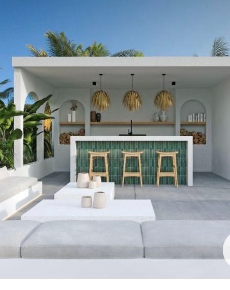 Open Kitchen Tropical, Beach House Open Kitchen, Bali Style Outdoor Area, Open Rooftop Ideas, Small Bali Villa Design, Bali Pool Design, Outdoor Tropical Kitchen, Outdoor Kitchen Near Pool, Bali Outdoor Kitchen